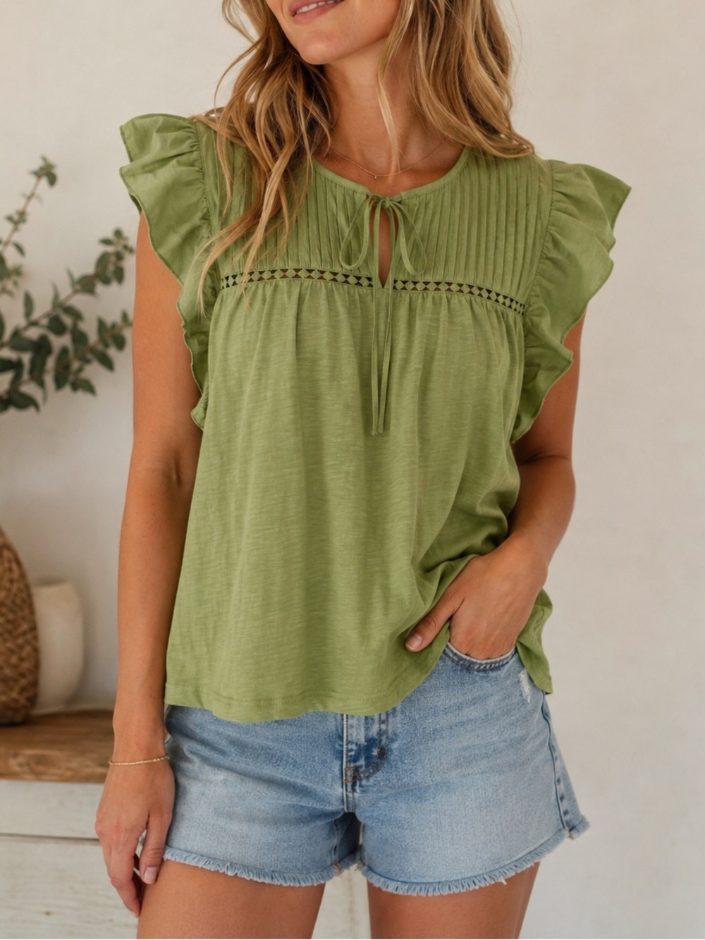 Dolan Green Ruffle Sleeve Top
